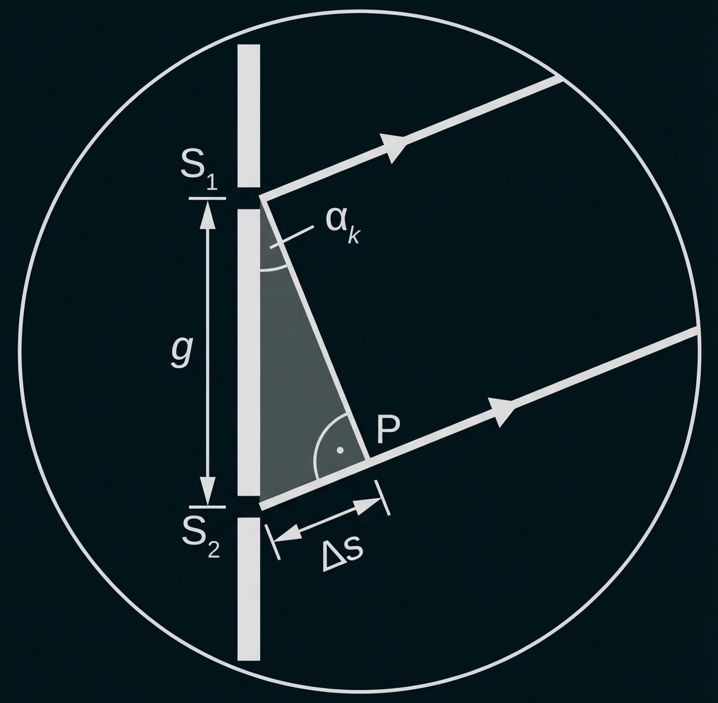 Schematische Darstellung: schräg einfallende Strahlen treffen auf Spalt, schattiertes Dreieck, markierter Winkel α_k und Abstände g, Δs.